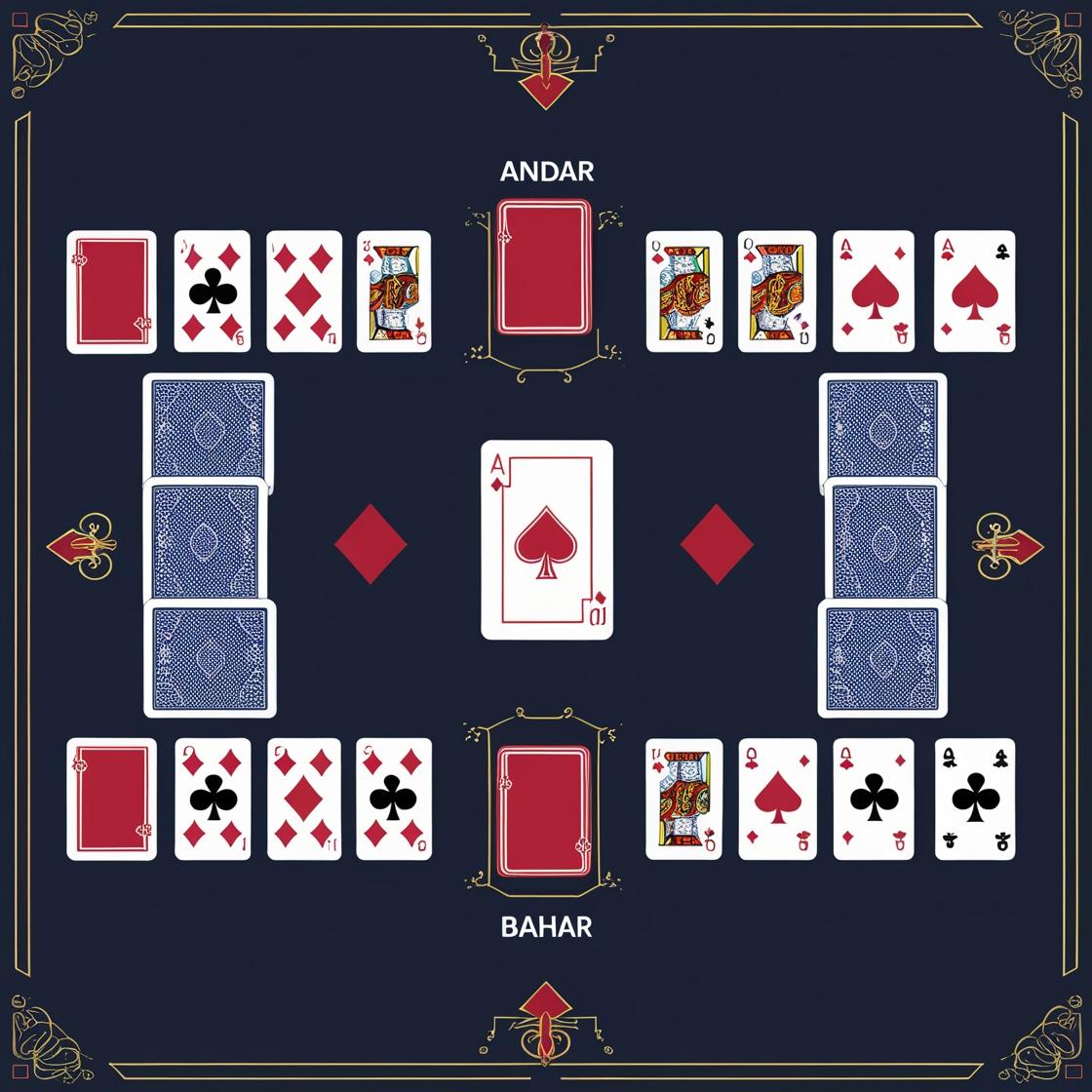The basic setup for Andar Bahar, showing the central 'Joker' card and the 'Andar' and 'Bahar' betting sections. (source: Canva)
