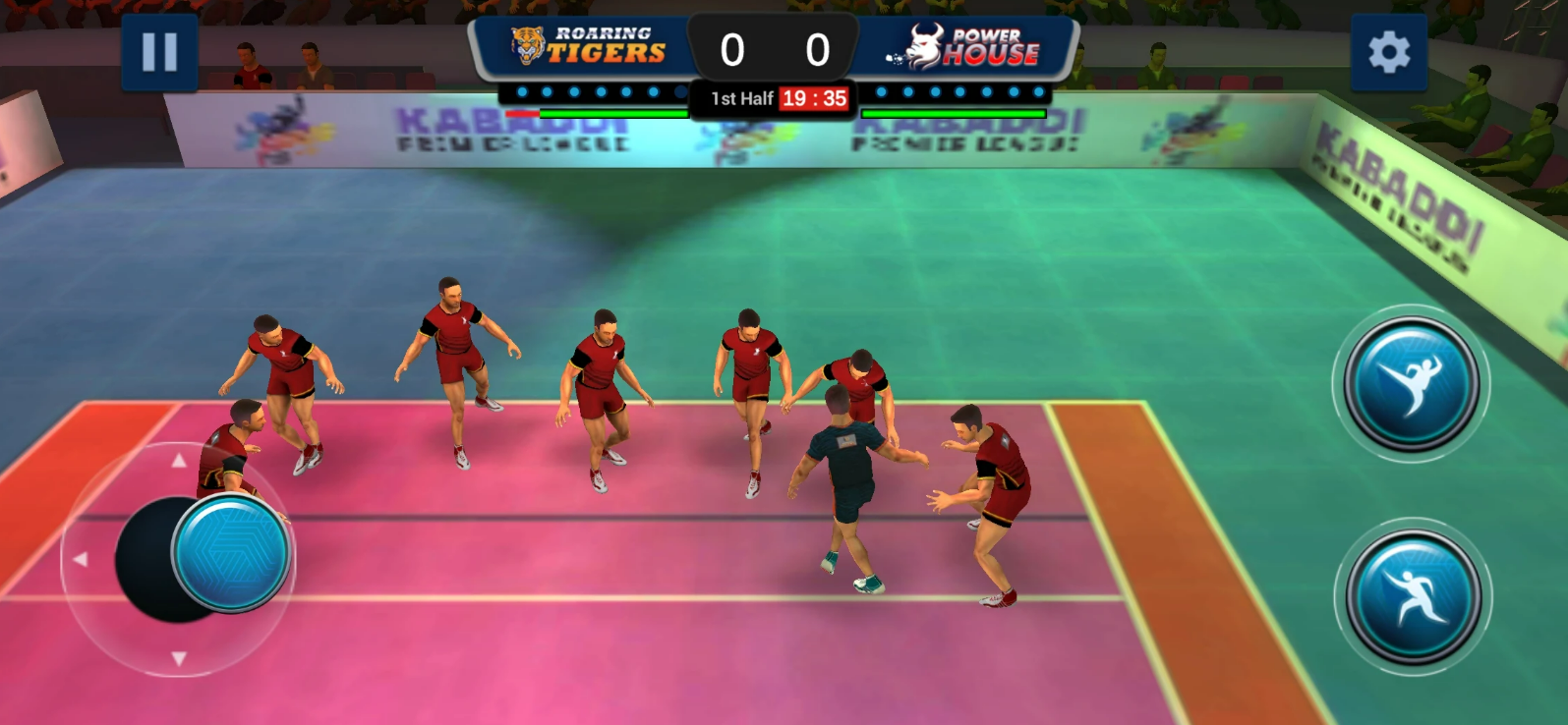A dynamic screenshot from an online Kabaddi game, illustrating a raider skillfully navigating defenders, highlighting the game's strategic depth and action. (Source: Google Play)