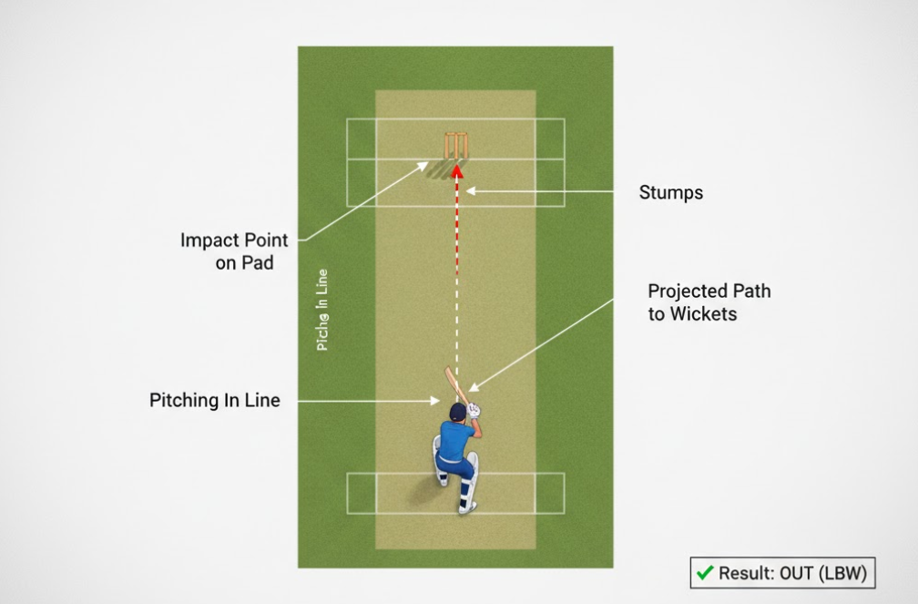 The LBW Principle: The ball's path (dotted line) is shown clearly hitting the stumps, having been intercepted by the batsman's leg or pad.