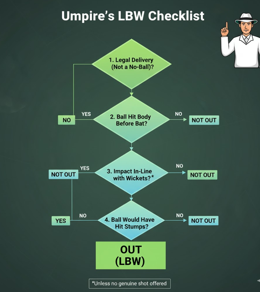 The Umpire's Checklist: All four conditions must be met for a Leg Before Wicket decision to be given Out.