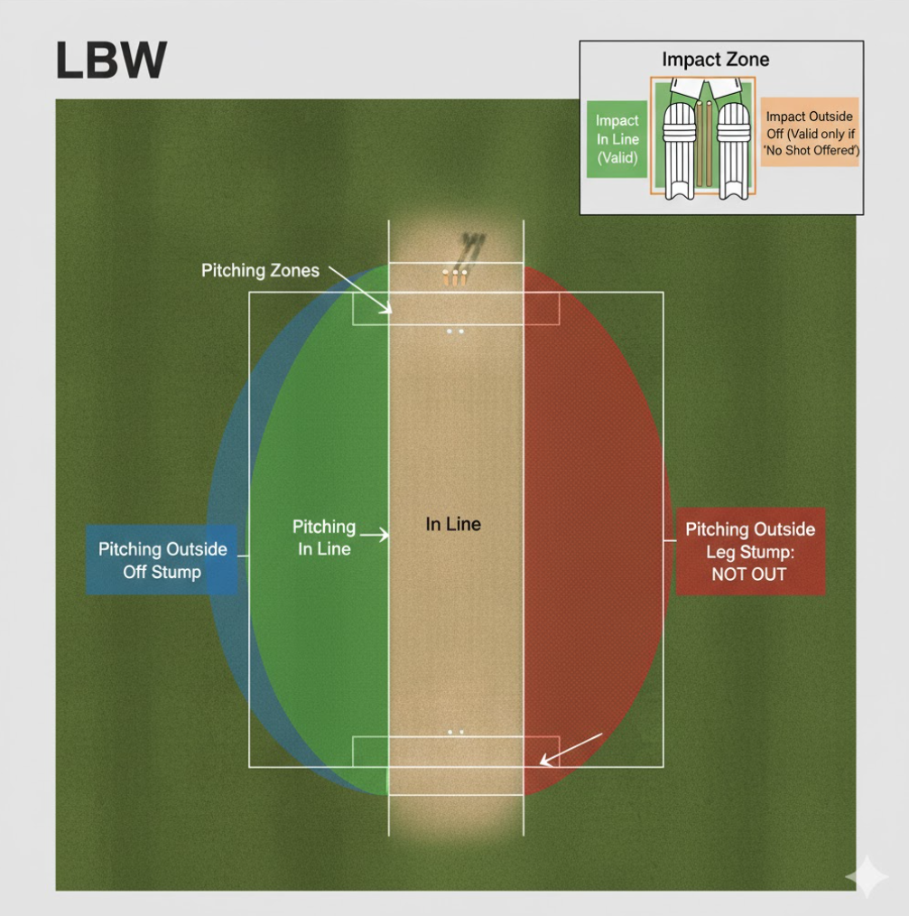 Decoding the Pitch: The ball must pitch either 'In Line' or 'Outside Off' to be a legitimate LBW; pitching outside leg is an immediate 'Not Out'