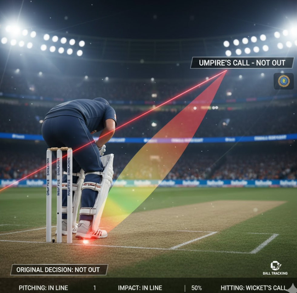 The Margin of Error: Ball-tracking shows the predicted trajectory. If the ball is only marginally 'clipping' the stumps, the decision is ruled 'Umpire’s Call,' and the original verdict stands.